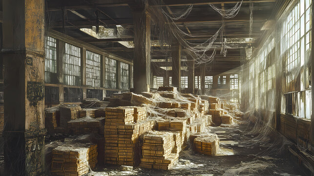 An abandoned factory filled with piles of devalued currency, cobwebs and decay suggesting the aftermath of economic collapse. [Echoes of Industry] | Machine Cathedral | sacred torque. Illustration