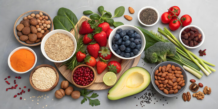 Healthy food clean eating selection fruit, vegetable, seeds, superfood, cereal, leaf vegetable on gray concrete background