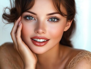 Obraz premium Close-up portrait of a smiling young woman with bright green eyes, flawless makeup, and wavy brown hair gently touching her face