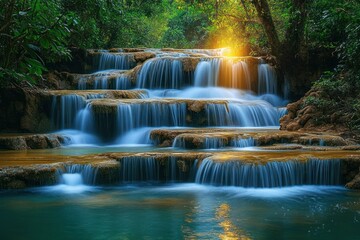 Serene multi-tier waterfall flowing through lush green forest with golden sunlight peeking through trees, creating a peaceful and calming atmosphere