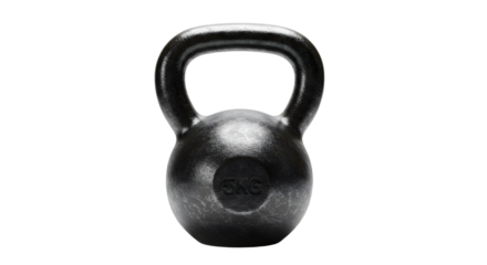 A black kettlebell weighing 5 kg is centered against a plain background, ideal for fitness and workout imagery