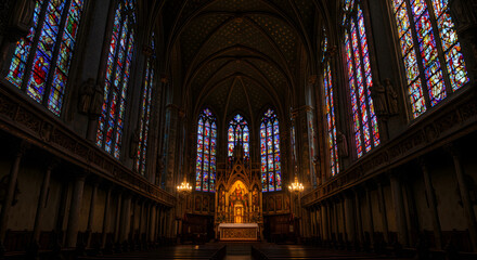 Fototapeta premium Majestic Interior of a Gothic Cathedral with Stained Glass Windows and Warm Lighting