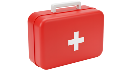 A bright red first aid kit with a white cross symbol, positioned against a clean background, ready for emergency use