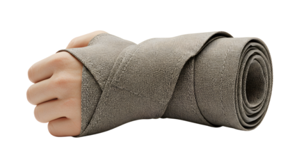 A close-up of a hand wrapped in a soft, gray bandage, symbolizing healing and care in a clinical setting