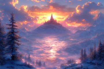 Majestic winter castle atop a snow-capped mountain range.
