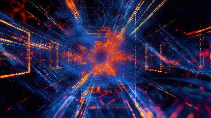 Obraz premium Abstract digital tunnel with glowing orange and blue lines and particles creating a futuristic and dynamic depth effect
