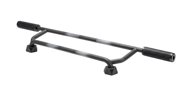 A close-up view of a black barbell handle designed for weightlifting, set against a clean, neutral background