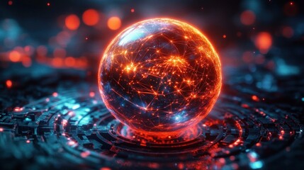Glowing spherical network with interconnected points of light above a circular technological base emitting a futuristic and dynamic energy