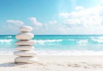 Fototapeta premium Peaceful stacked stones on a beach. Sunlight illuminates the scene