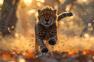 Golden light cheetah running through savanna.