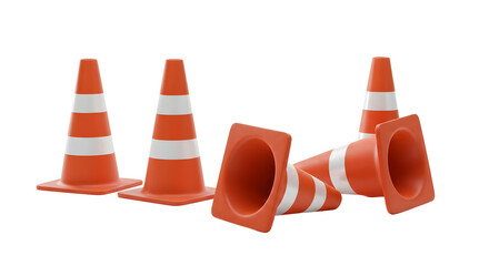 A collection of orange traffic cones with white stripes positioned on a plain background, ideal for construction or safety themes