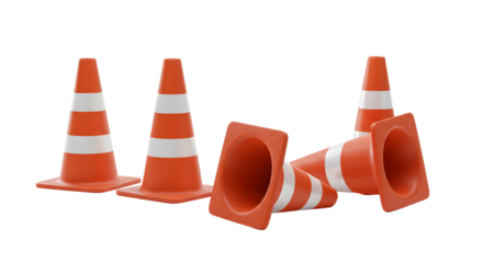 A collection of orange traffic cones with white stripes positioned on a plain background, ideal for construction or safety themes