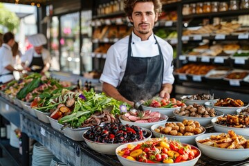 Obraz premium Outdoor buffet display with food and chef.