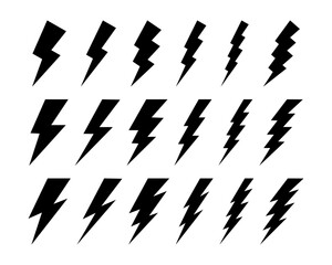 Set of bolt icons. Lightning signs isolated on white background. Flash light, energy, power or electricity symbols. Warning or dangerous, quick or speed pictograms. Vector graphic illustration.