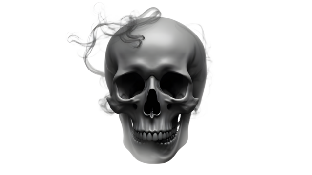 A detailed illustration of a human skull with swirling smoke, set against a transparent background, ideal for artistic use