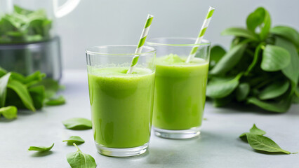 Glasses of vibrant green smoothie with striped straws, with fresh spinach leaves, healthy vegan lifestyle. For promoting nutrition, detox, and plant-based diet concepts in food and wellness content.