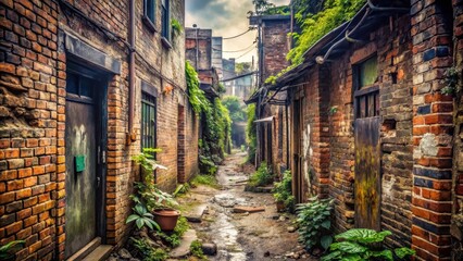 Fototapeta premium Narrow alleyway in a slum with crumbling brick walls and overgrown vegetation , abandoned buildings, desolate atmosphere
