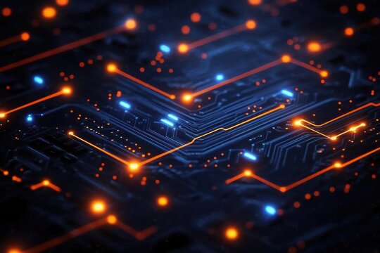 Close-up view of a glowing futuristic electronic circuit board with vibrant orange and blue light trails on a dark background, conveying technology and innovation