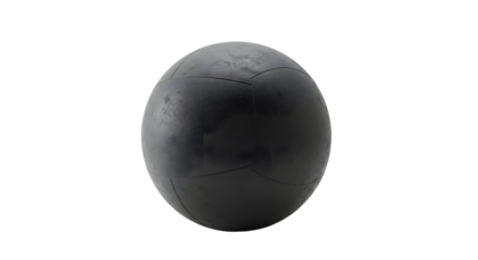A close-up view of a worn black ball resting on a plain background, showcasing its texture and imperfections