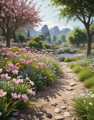 Obraz premium Blooming spring flowers in panoramic garden view, natural, flowers