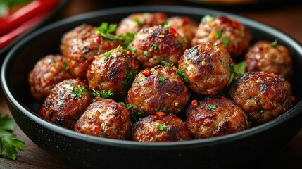 Close-up of a black bowl filled with grilled meatballs garnished with fresh herbs and red chili flakes, showcasing a savory and appetizing meal