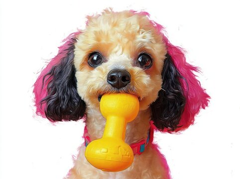 close-up portrait of a small curly-haired dog with black ears holding a yellow dumbbell-shaped toy in its mouth against a white background showing curiosity and playfulness
