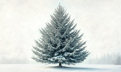 Fototapeta premium A large evergreen tree covered in fresh snow stands alone on a snowy field with a misty background of faint trees under a pale winter sky, evoking calm and solitude