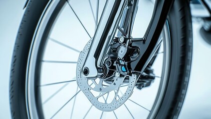 Close-up detailed view of a bicycle disc brake system with spokes and tire in a clean modern setting