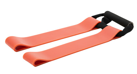 A pair of orange resistance bands lying on a white background, ideal for home workouts and fitness routines