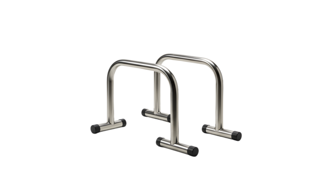 A pair of stainless steel parallel bars designed for strength training exercises, set against a plain background