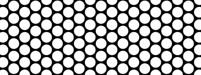 Repeated round dots. White circles on black background. Perforated texture. Pegboard, radiator or speaker grill surface with repeated holes. Mosaic holey print. Vector graphic illustration.