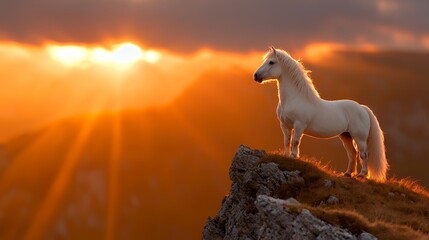 White Horse on Mountain Peak at Sunset