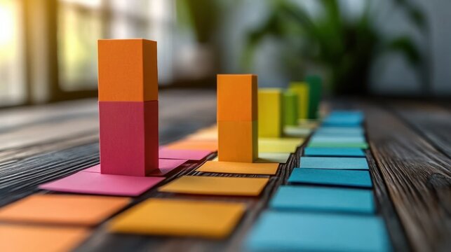 Colorful ascending blocks made from folded paper squares arranged in rows on a wooden surface with natural light and blurred background