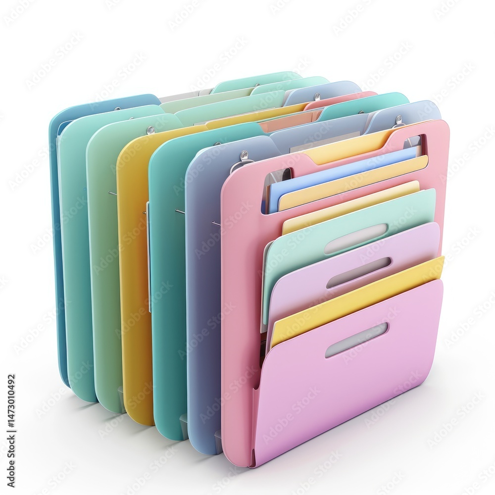 Poster multi-colored stackable file organizer system.