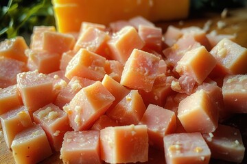 Close-up of small pinkish cubed cheese pieces on a wooden surface with a block of yellow cheese and green garnish in the background