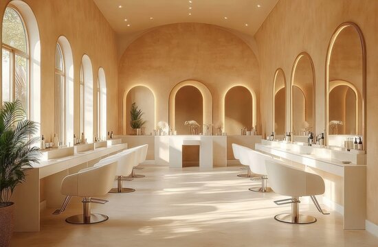 Bright and spacious salon interior with arched mirrors and windows, white swivel chairs, soft warm lighting, and minimalistic decor radiating calm and elegance