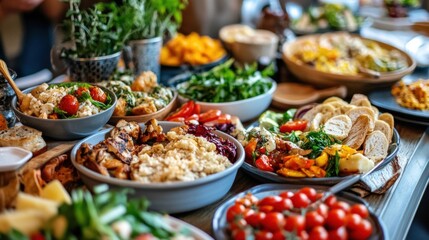 Various Bowls and Plates Filled with Colorful Healthy Dishes on a Wooden Tabletop