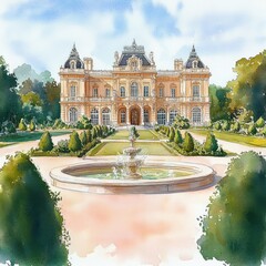 Obraz premium Grand historic mansion with symmetrical architecture and ornate rooftop towers overlooks a manicured garden with shaped bushes and a central water fountain under a bright sky
