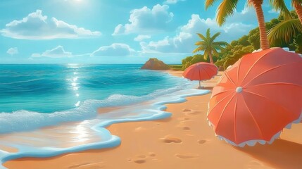 Sunny beach scene with gentle waves, clear blue sky, two orange umbrellas, palm trees, distant rocky hill, and footprints in the sand