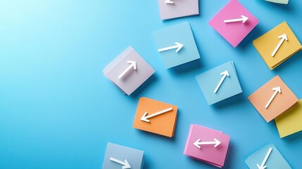 Colorful square sticky notes with white arrows pointing in various directions on a blue background symbolizing diversity of choices and directions