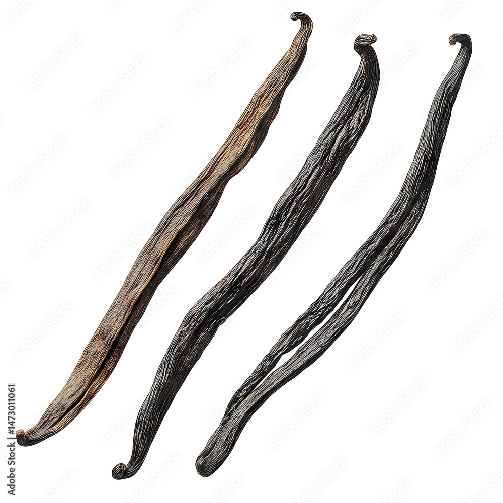 Poster three vanilla beans arranged in a row on a transparent background the beans are dried and have a dar
