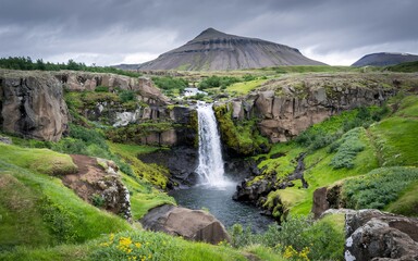 summer,Reykjav&iacute;k, Iceland, Icelandic Waterfall Cascading Through Rocky Terrain