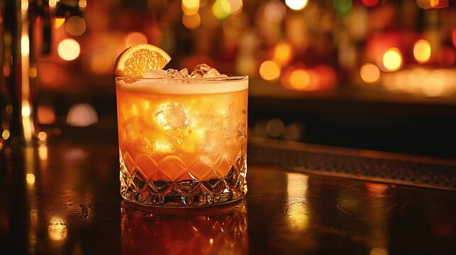 Whiskey sour dark bar counter with moody lighting amber glow from soft light source blurred bar environment adding depth drink perfectly in focus cinematic vibes no human presence ultra clear textures