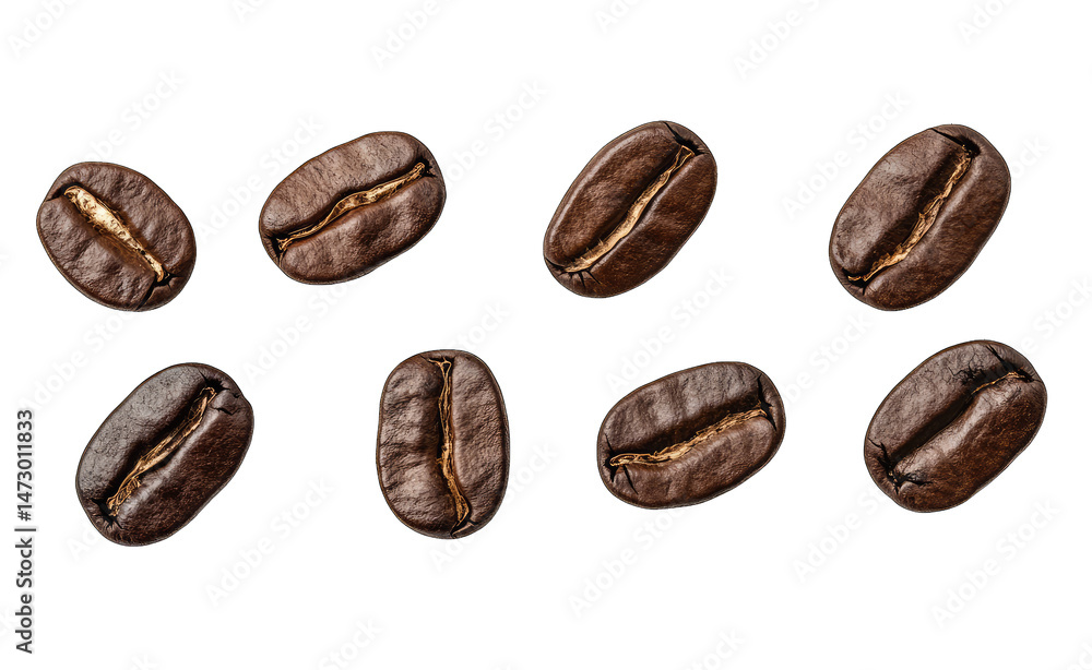 Poster eight roasted coffee beans are arranged in two rows of four on a transparent background the beans ar