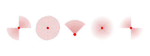 Pain localization icons. Red concentric circles. Sore or inflammation symbols. Pulse, vibration or radiation signs. Shock wave, radar or sound signal pictograms. Vector illustration.