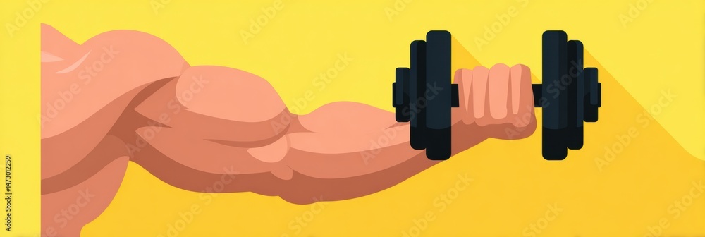 Poster biceps curl illustration featuring a muscular arm lifting a dumbbell in a flat style on a bright yel