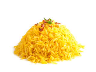 Heap of yellow rice with vibrant color and visible seasoning, isolated. Generative AI
