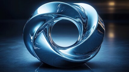 Shiny metallic torus sculpture with smooth swirling surface reflecting ambient light on a dark background