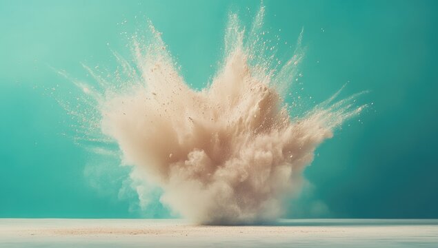 A beige powder explosion against a teal backdrop. A large cloud of beige powder bursts outwards from a central point on a light-colored surface
