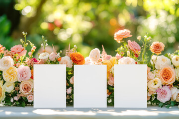 Set of blank cards displayed on a rose-decorated table